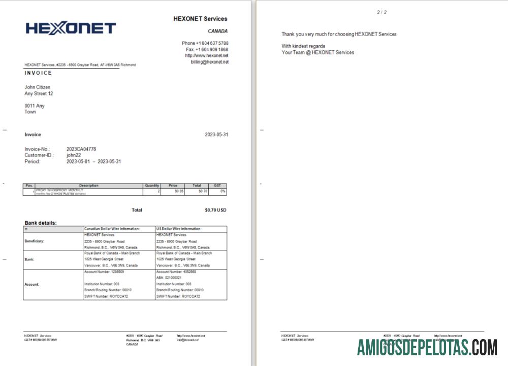 realista Modelo Word e PDF de fatura de serviços Hexonet do Canadá